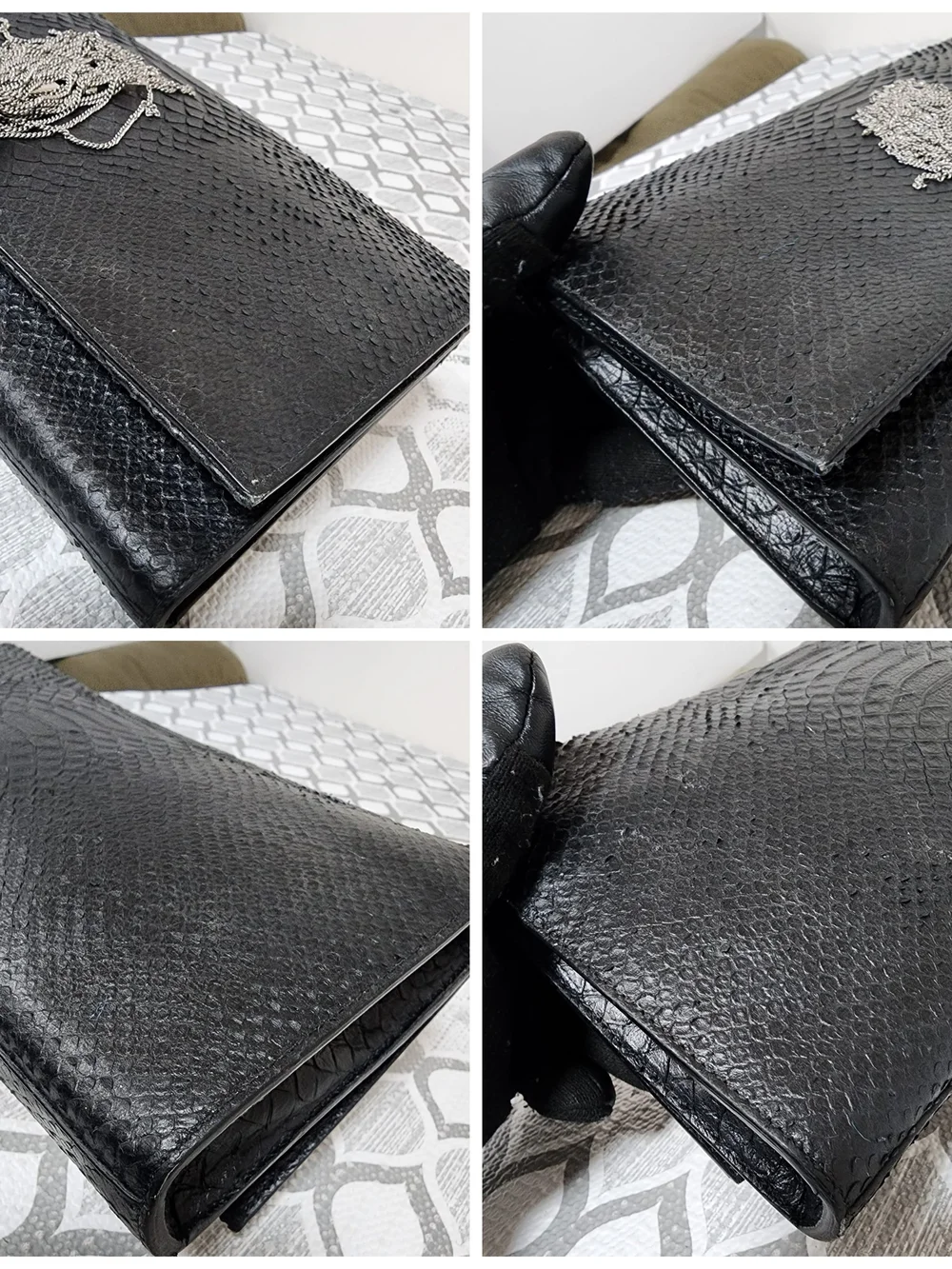 YVES SAINT LAURENT Croc Embossed Leather Tassel Kate Clutch Bag Black - Picture 10 of 11
